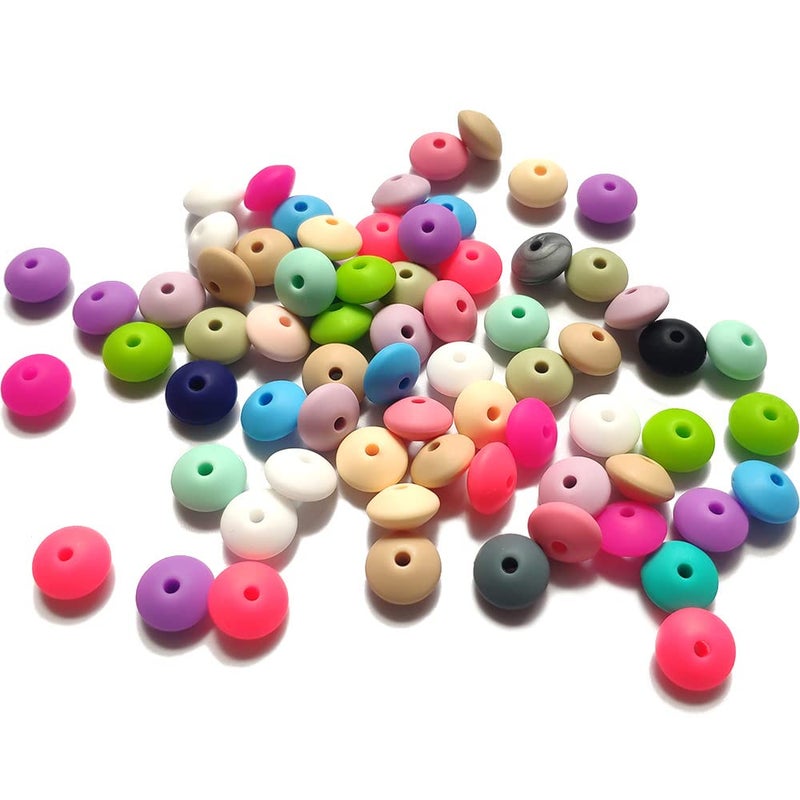 metulip 125 Pcs 12mm Silicone Abacus Beads Mix Color Lentil Beads Saucer Beads Loose Spacer Beads for Keychain Making Bracelet Necklace DIY Craft Beads Silicone Beads