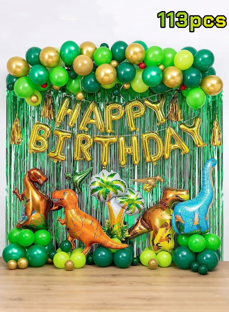 مستلزمات تزيين حفلة عيد ميلاد بطابع الديناصورات، تتضمن 113 قطعة من بالونات الديناصورات، بالونات "عيد ميلاد سعيد"، وستائر لتزيين حفلات أعياد الميلاد وحفلات استقبال المولود الجديد للأطفال. - Image 1