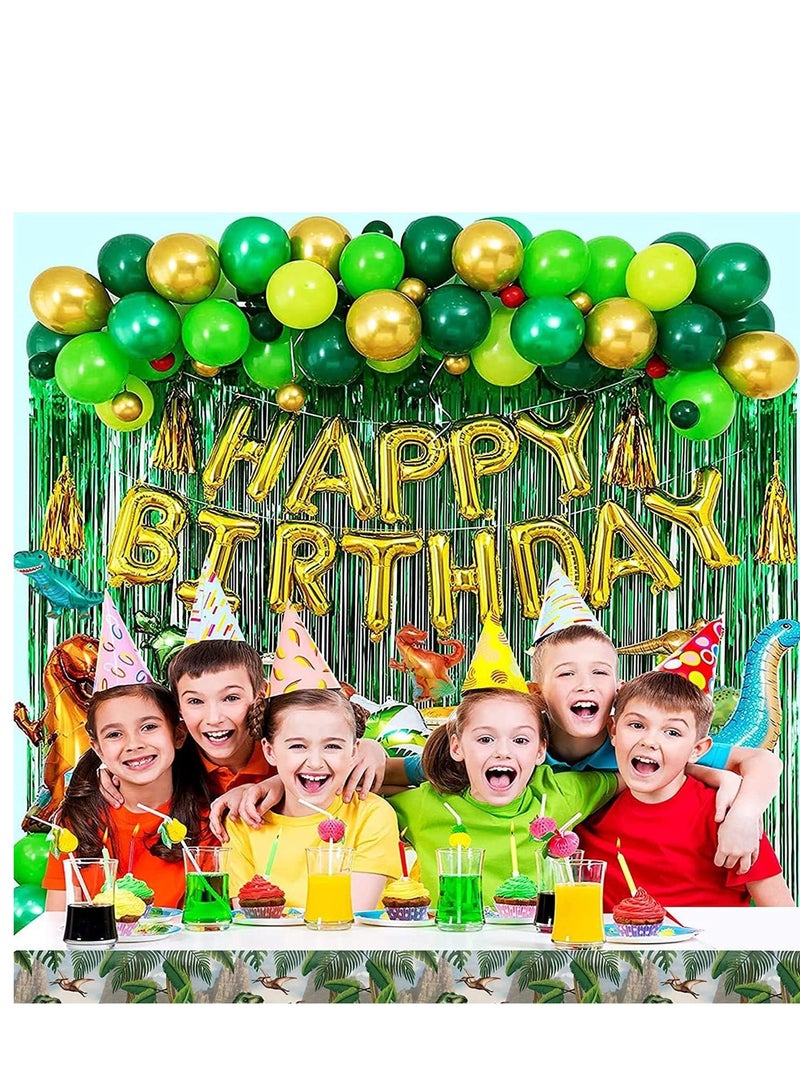 مستلزمات تزيين حفلة عيد ميلاد بطابع الديناصورات، تتضمن 113 قطعة من بالونات الديناصورات، بالونات "عيد ميلاد سعيد"، وستائر لتزيين حفلات أعياد الميلاد وحفلات استقبال المولود الجديد للأطفال. - Image 3