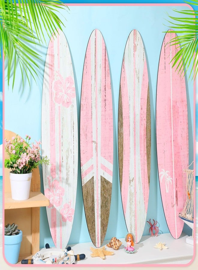 Threan 4 Pcs Surfboard Wall Decors 23.6 x 5.4 Inch Pink Girls Surf board Wall Hanging Signs Wooden Beachy Tropical Art Decors Summer Surf Beach Decorations for Home Bedroom Living Room Bathroom - Image 3