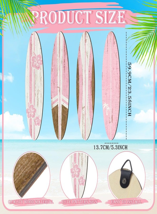 Threan 4 Pcs Surfboard Wall Decors 23.6 x 5.4 Inch Pink Girls Surf board Wall Hanging Signs Wooden Beachy Tropical Art Decors Summer Surf Beach Decorations for Home Bedroom Living Room Bathroom - Image 2