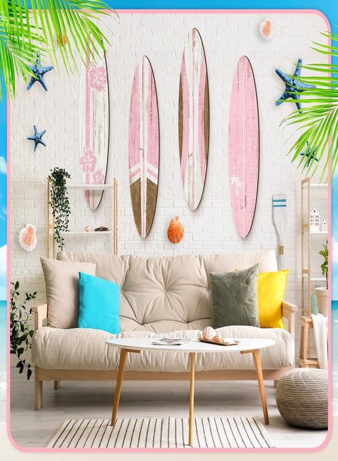 Threan 4 Pcs Surfboard Wall Decors 23.6 x 5.4 Inch Pink Girls Surf board Wall Hanging Signs Wooden Beachy Tropical Art Decors Summer Surf Beach Decorations for Home Bedroom Living Room Bathroom - Image 4