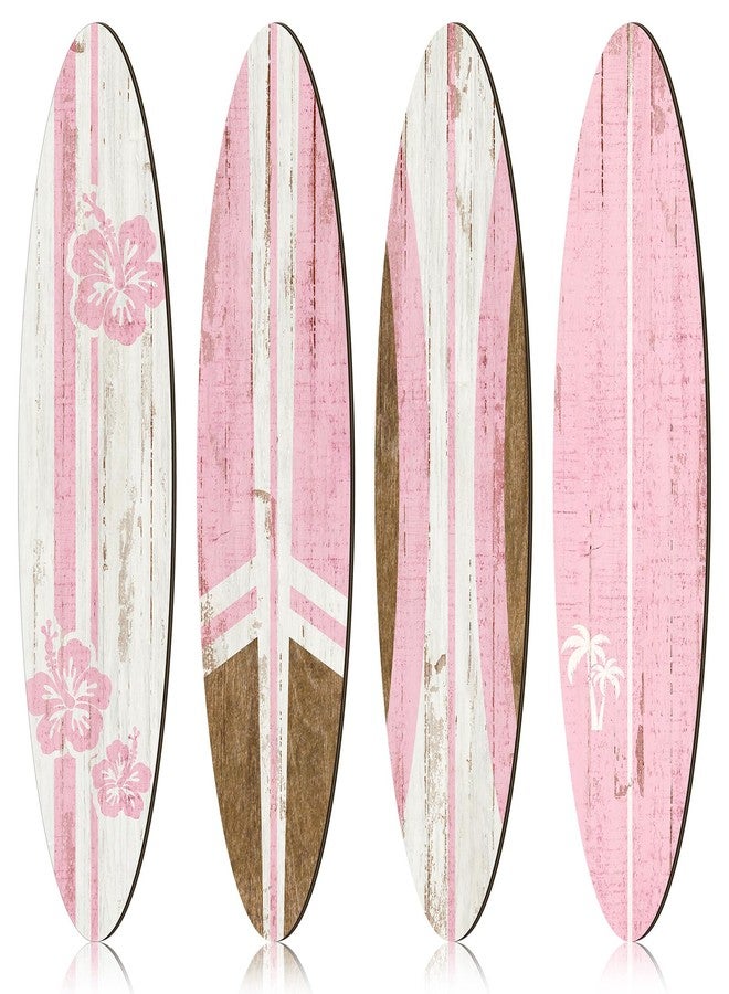 Threan 4 Pcs Surfboard Wall Decors 23.6 x 5.4 Inch Pink Girls Surf board Wall Hanging Signs Wooden Beachy Tropical Art Decors Summer Surf Beach Decorations for Home Bedroom Living Room Bathroom - Image 1