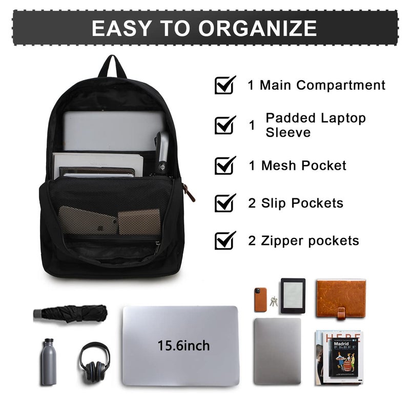 RAVUO School Backpack for Men Women, Water Resistant 15.6 inch Laptop Back Packs Bookbags College Daypack Black Bag with Side Pockets - Image 5