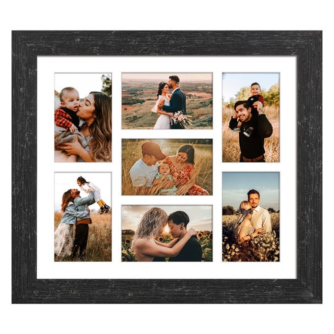 135X155 PICTURE FRAMES COLLAGE WITH 7 OPENINGS 4X6 PICTURES MULTI PHOTO FRAME WITH MAT FOR WALL HANGING DECORBLACK WOOD GRAIN