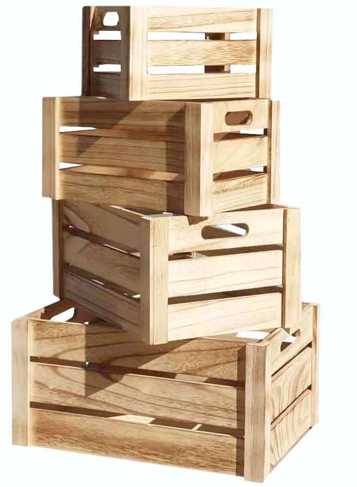 LINGWEI Natural Wooden Storage Crates Set of 4 | Nesting Wooden Boxes with Cutout Handles | Rustic Decorative Storage Containers for Kitchen, Bathroom, Office, and Home Organization  - Image 1