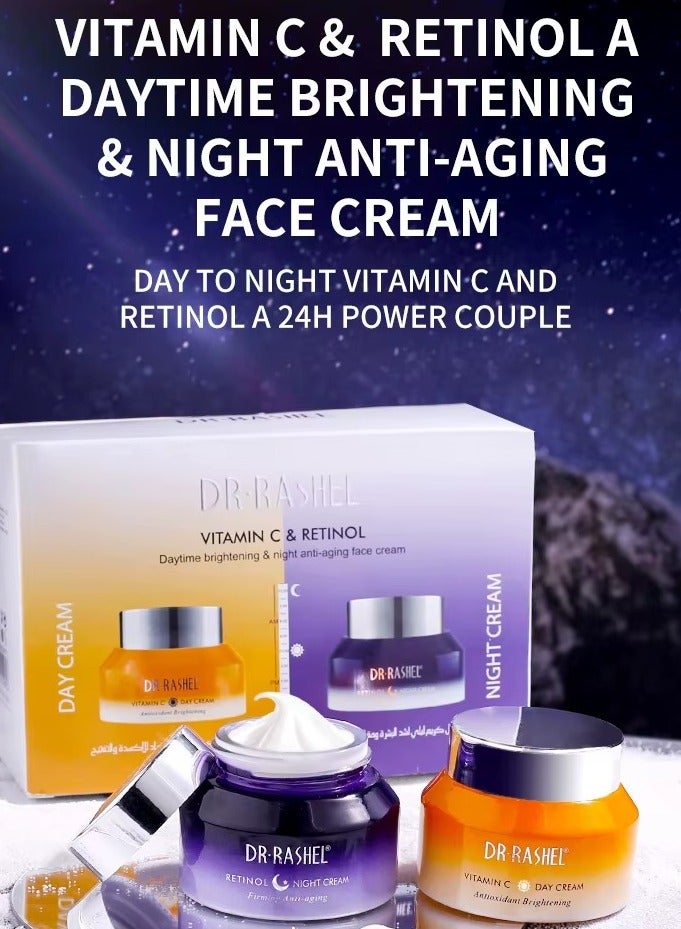 RASHELL Vitamin C Day Cream and Retinol Night Cream Set for Brightening Anti Aging and Moisturizing – 2x50g - Image 1