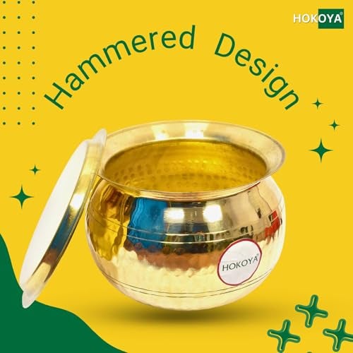 HOKOYA Pure Brass Handi with Lid | Traditional Pital Cooking Pot for Kitchen & Biryani | Handmade Mirror Finish Brass Utensil for Home Chefs & Gifting (Handi+Lid+Ladle) - Image 3
