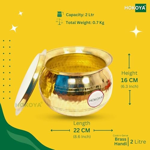 HOKOYA Pure Brass Handi with Lid | Traditional Pital Cooking Pot for Kitchen & Biryani | Handmade Mirror Finish Brass Utensil for Home Chefs & Gifting (Handi+Lid+Ladle) - Image 5