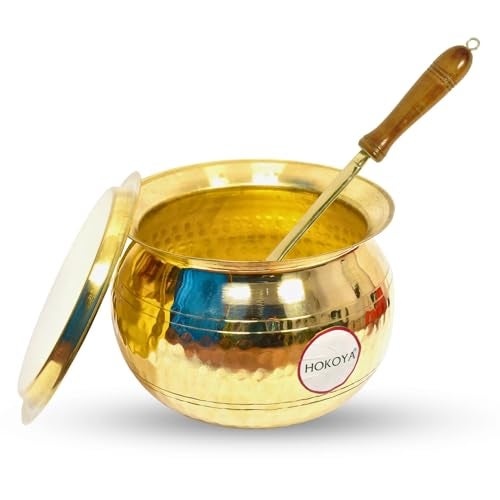 HOKOYA Pure Brass Handi with Lid | Traditional Pital Cooking Pot for Kitchen & Biryani | Handmade Mirror Finish Brass Utensil for Home Chefs & Gifting (Handi+Lid+Ladle) - Image 1