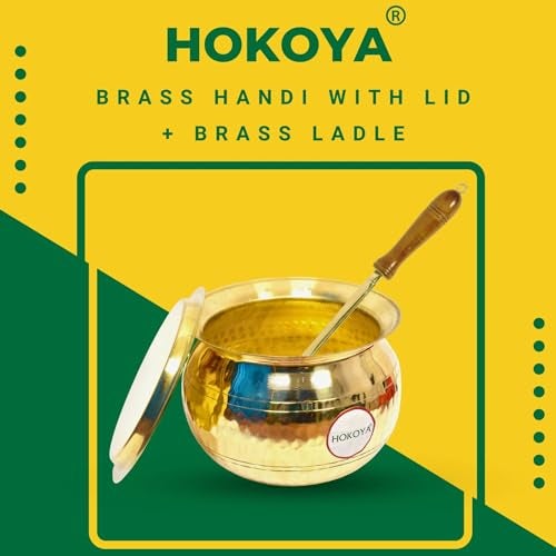 HOKOYA Pure Brass Handi with Lid | Traditional Pital Cooking Pot for Kitchen & Biryani | Handmade Mirror Finish Brass Utensil for Home Chefs & Gifting (Handi+Lid+Ladle) - Image 2