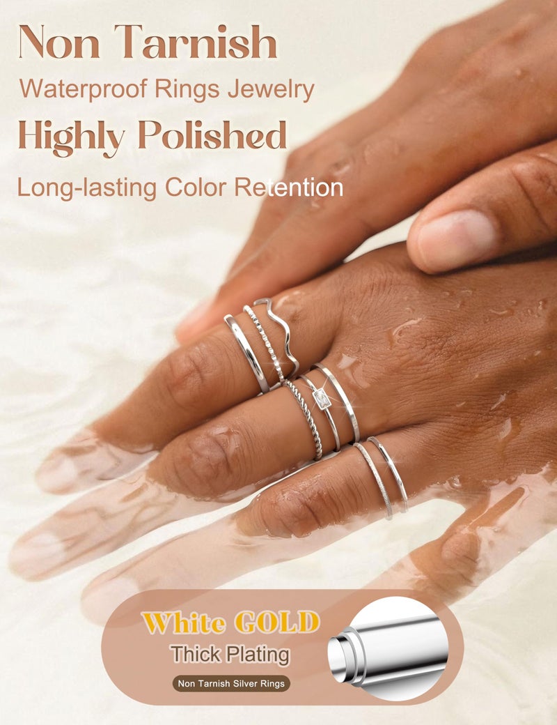 THUNARAZ 8Pcs Stackable Rings for Women Non Tarnish 14K Gold Plated Stainless Steel Dainty Rings Set Minimalist Thin Thumb Ring Cubic Zirconia Wave Statement Ring Bands for Women Silver Size 9 - Image 2