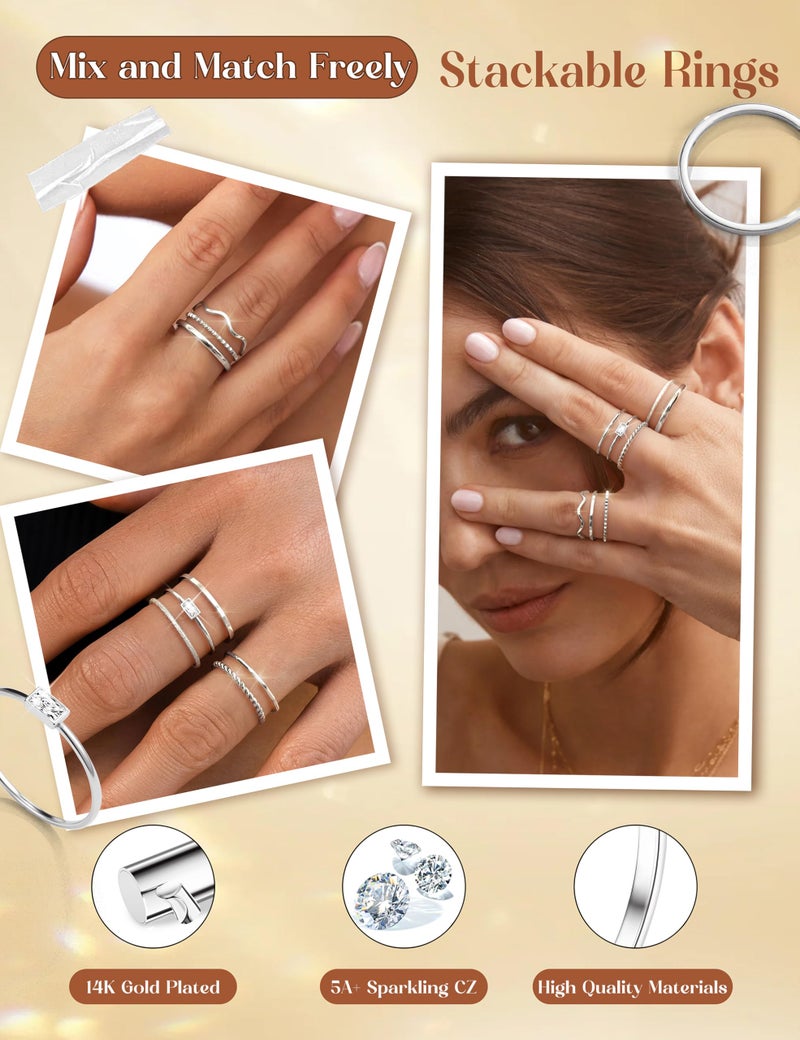 THUNARAZ 8Pcs Stackable Rings for Women Non Tarnish 14K Gold Plated Stainless Steel Dainty Rings Set Minimalist Thin Thumb Ring Cubic Zirconia Wave Statement Ring Bands for Women Silver Size 9 - Image 3