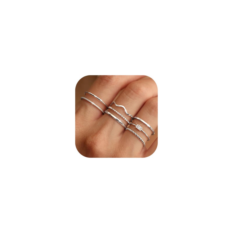 THUNARAZ 8Pcs Stackable Rings for Women Non Tarnish 14K Gold Plated Stainless Steel Dainty Rings Set Minimalist Thin Thumb Ring Cubic Zirconia Wave Statement Ring Bands for Women Silver Size 9 - Image 1