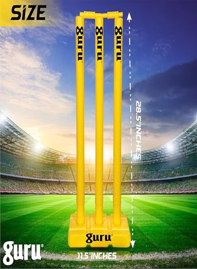 Guru Cricket Wicket Set, Heavy Plastic Cricket Stumps Set - 3 Stumps + 2 Bails + 1 Base Stand (Yellow) - Image 3