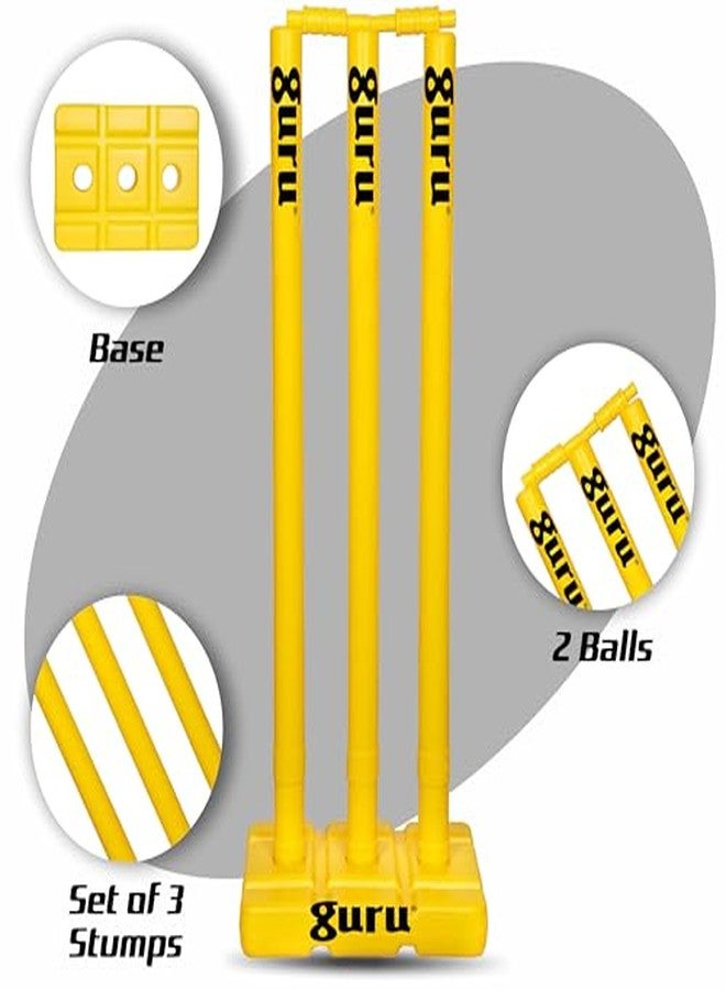 Guru Cricket Wicket Set, Heavy Plastic Cricket Stumps Set - 3 Stumps + 2 Bails + 1 Base Stand (Yellow) - Image 5