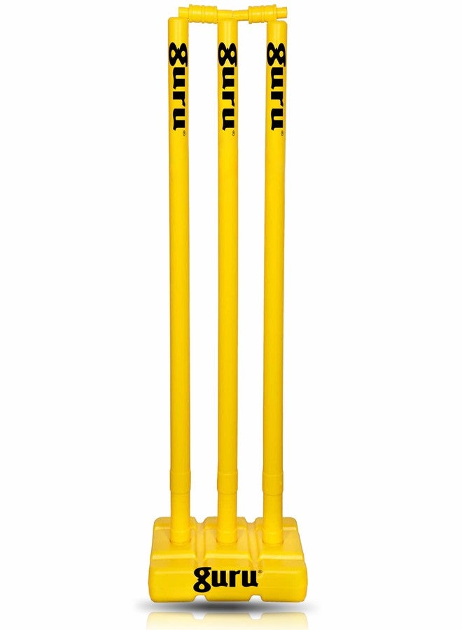 Guru Cricket Wicket Set, Heavy Plastic Cricket Stumps Set - 3 Stumps + 2 Bails + 1 Base Stand (Yellow) - Image 2