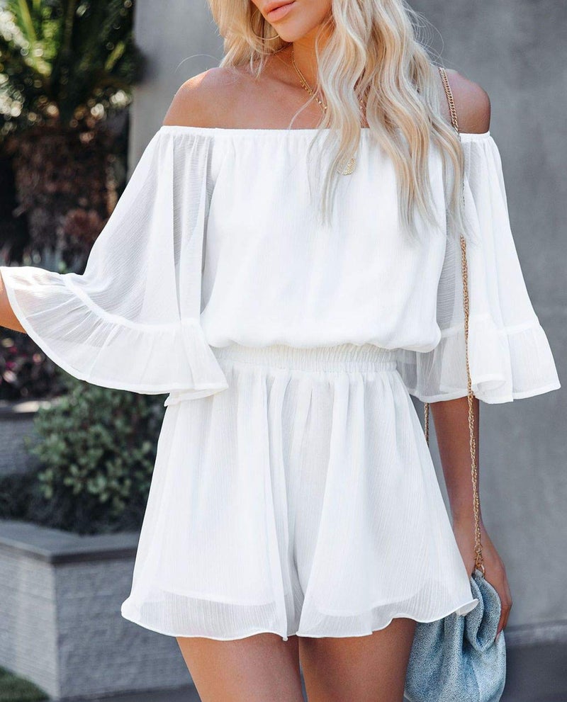 Fixmatti Women Boho Romper Flare Sleeve Off Shoulder Summer Shorts Jumpsuit 1 Piece Outfits White L - Image 2