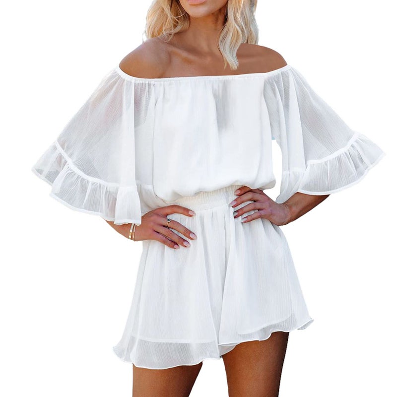 Fixmatti Women Boho Romper Flare Sleeve Off Shoulder Summer Shorts Jumpsuit 1 Piece Outfits White L - Image 1