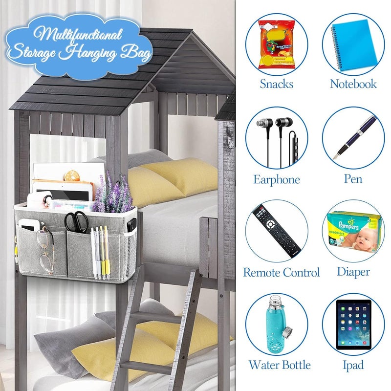 4MYL 4MYL Linen Bedside Hanging Caddy Storage Basket Multipurpose Dorm Bed Organizer with Pockets for Hostel Bunk Beds Headboards Bedroom Accessories for Books Tablets Magazines More  - Image 5