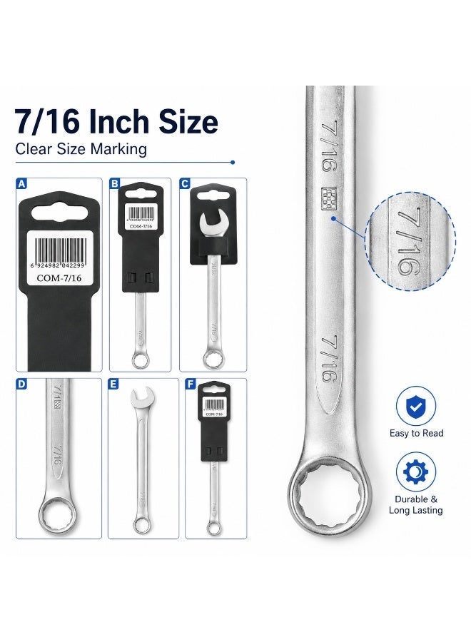 7/16 Combination Wrench, Chrome Vanadium Steel Open End & 12-Point Ring Spanner For Nuts, Bolts, Automotive Repair, Garage, Workshop & DIY Use - Image 2