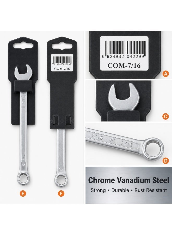 7/16 Combination Wrench, Chrome Vanadium Steel Open End & 12-Point Ring Spanner For Nuts, Bolts, Automotive Repair, Garage, Workshop & DIY Use - Image 3