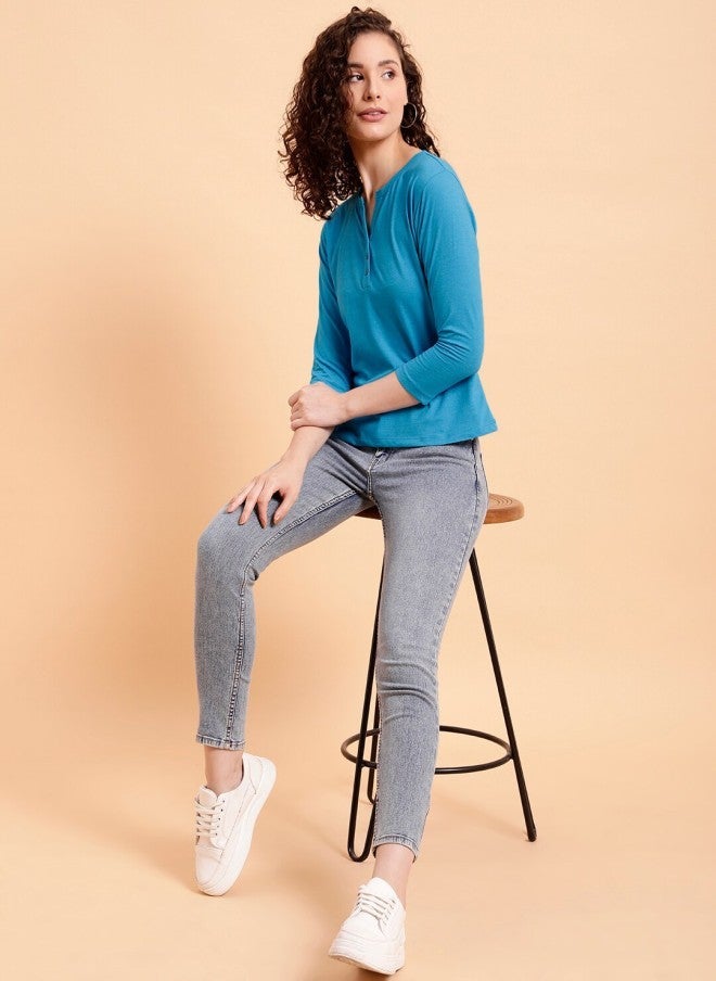 MINT STREET Teal Regular Fit Cotton T-Shirt for Women - Image 5