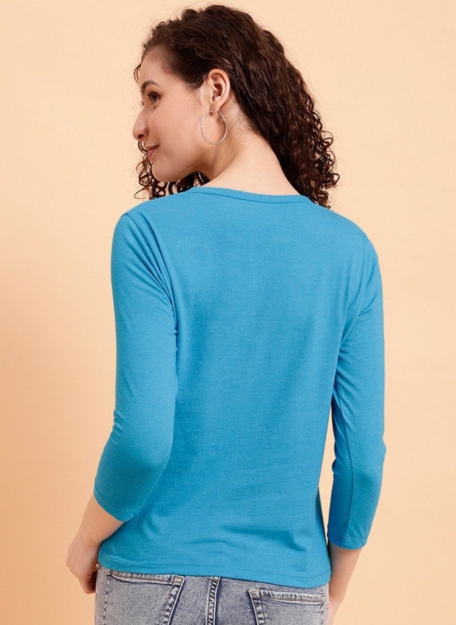 MINT STREET Teal Regular Fit Cotton T-Shirt for Women - Image 4