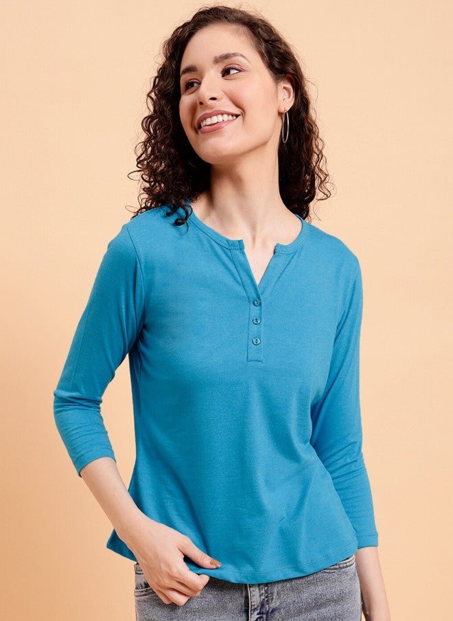 MINT STREET Teal Regular Fit Cotton T-Shirt for Women - Image 3