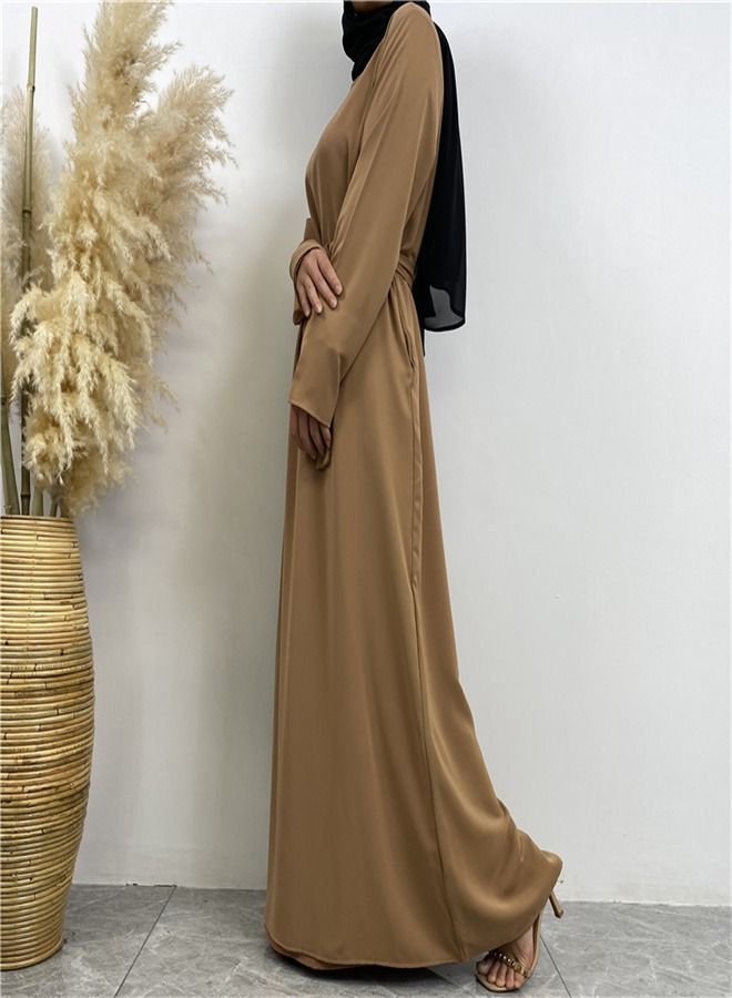 Loquat Lace-Up Pocket Muss Solid Color Dress Abaya Beige  - Image 3