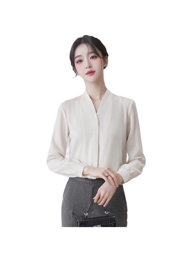 TELUOMAN White Professional Shirt Women'S Long Sleeve V-Neck Temperament Casual Wrinkle-Free Spring And Autumn Undershirt Slim Chiffon Shirt - Image 2