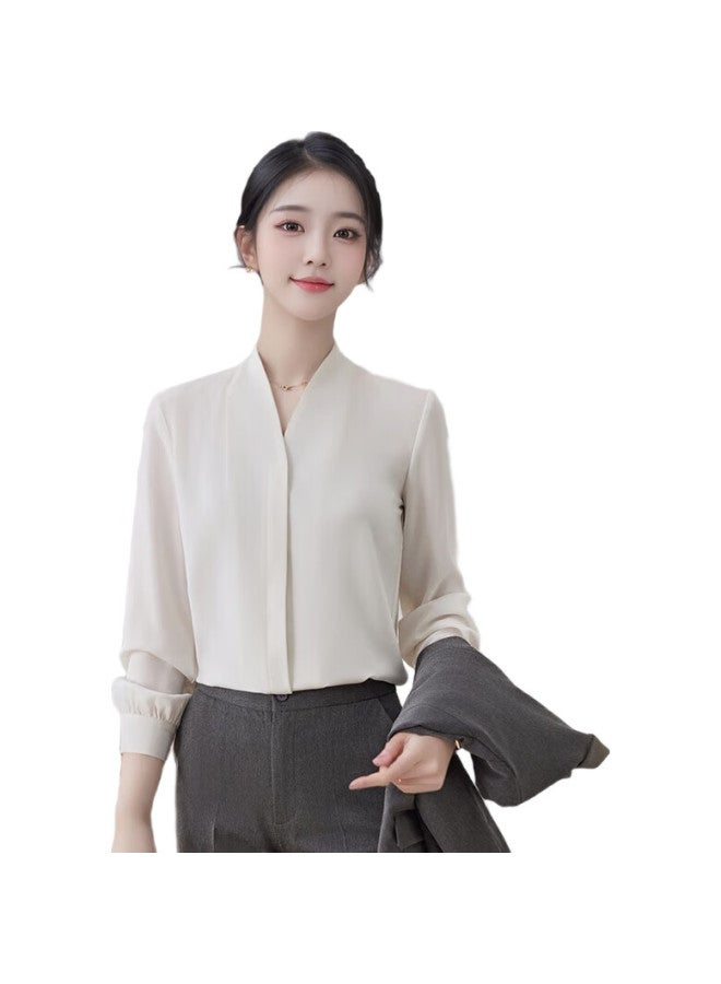 TELUOMAN White Professional Shirt Women'S Long Sleeve V-Neck Temperament Casual Wrinkle-Free Spring And Autumn Undershirt Slim Chiffon Shirt - Image 1