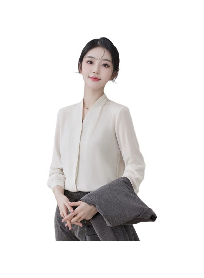 TELUOMAN White Professional Shirt Women'S Long Sleeve V-Neck Temperament Casual Wrinkle-Free Spring And Autumn Undershirt Slim Chiffon Shirt - Image 3