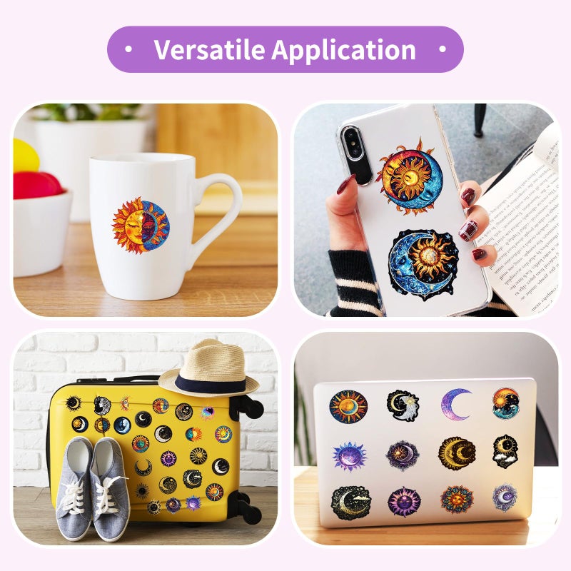 YOKSAS 50PCS Sun Moon Stickers Pack - Aesthetic Vintage Celestial Vinyl Decals for Laptop, Water Bottle, Scrapbook, Luggage, Phone, Notebook - Astrology, Cosmic, Mystic Sticker for Teens & Adults - Image 4