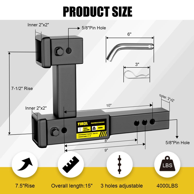 Tirol Hitch Extender,Dual Hitch Extension Fits for 2â€™ Receiver Extends Adjustable Max Length to 10â€™,Fits All Standard 2" Receivers for Cargo Carrier Bike - Image 2