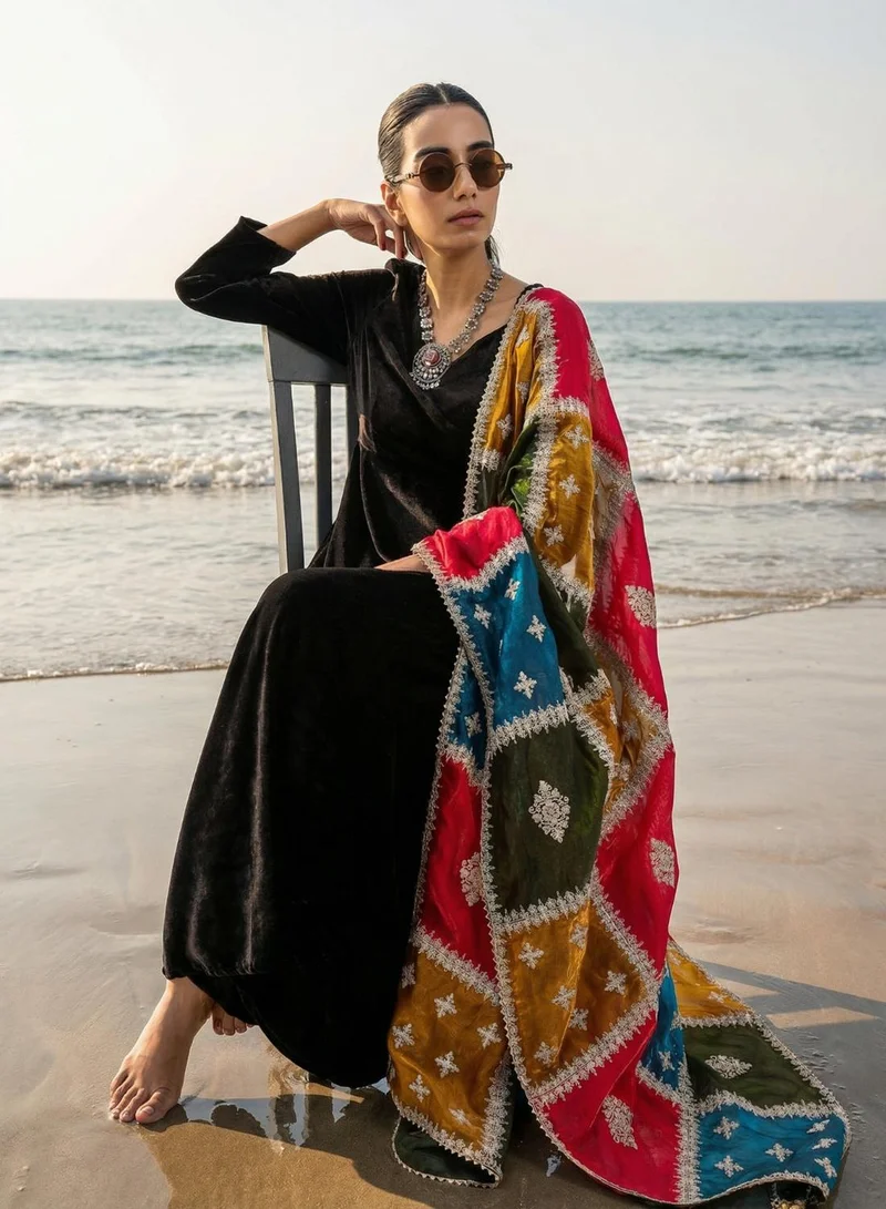 ISHIN Rich Black Organza Patchwork Embroidered Anarkali Kurta Set