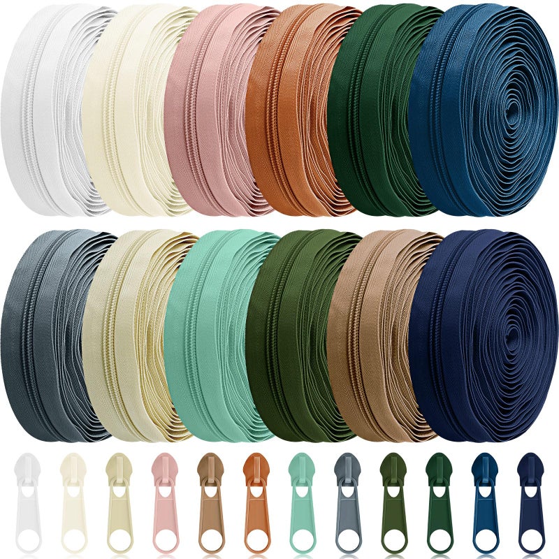 Syhood 36 Yards 12 Pieces #5 Sewing Zippers Tapes Assorted Nylon Lightweight with 120 Plastic Zipper Sliders for Women Men Sewing Supplies(Morandi Color) - Image 1