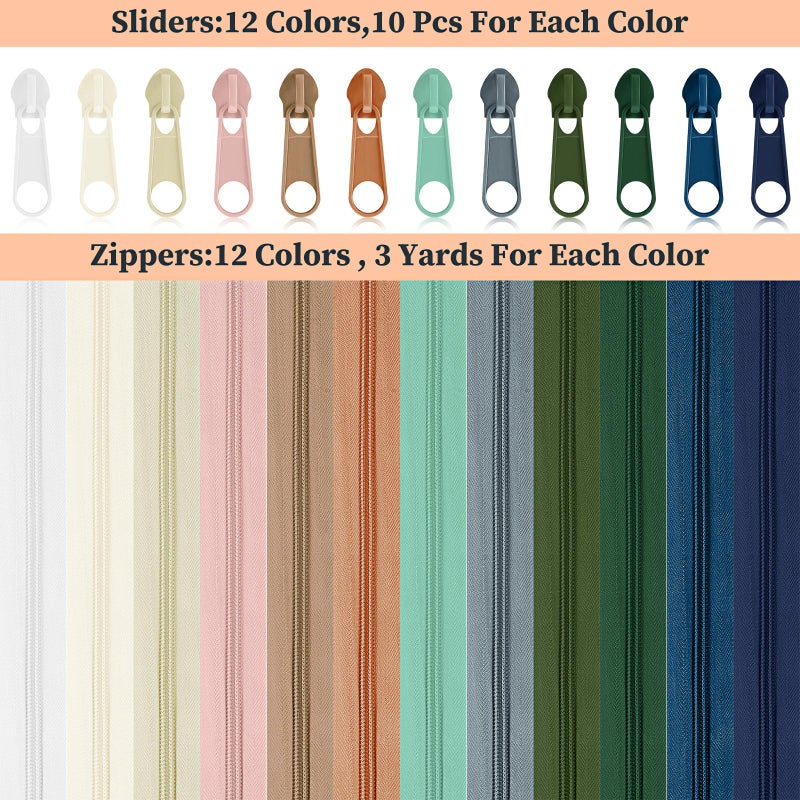 Syhood 36 Yards 12 Pieces #5 Sewing Zippers Tapes Assorted Nylon Lightweight with 120 Plastic Zipper Sliders for Women Men Sewing Supplies(Morandi Color) - Image 3