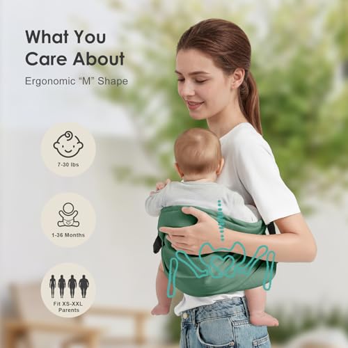 Shiaon Baby Sling Carrier, Adjustable Baby Carrier Newborn to Toddler Carrier for 7-30lbs, Toddler Sling Carriers, Toddlers Hip Carriers, Dark Green - Image 2
