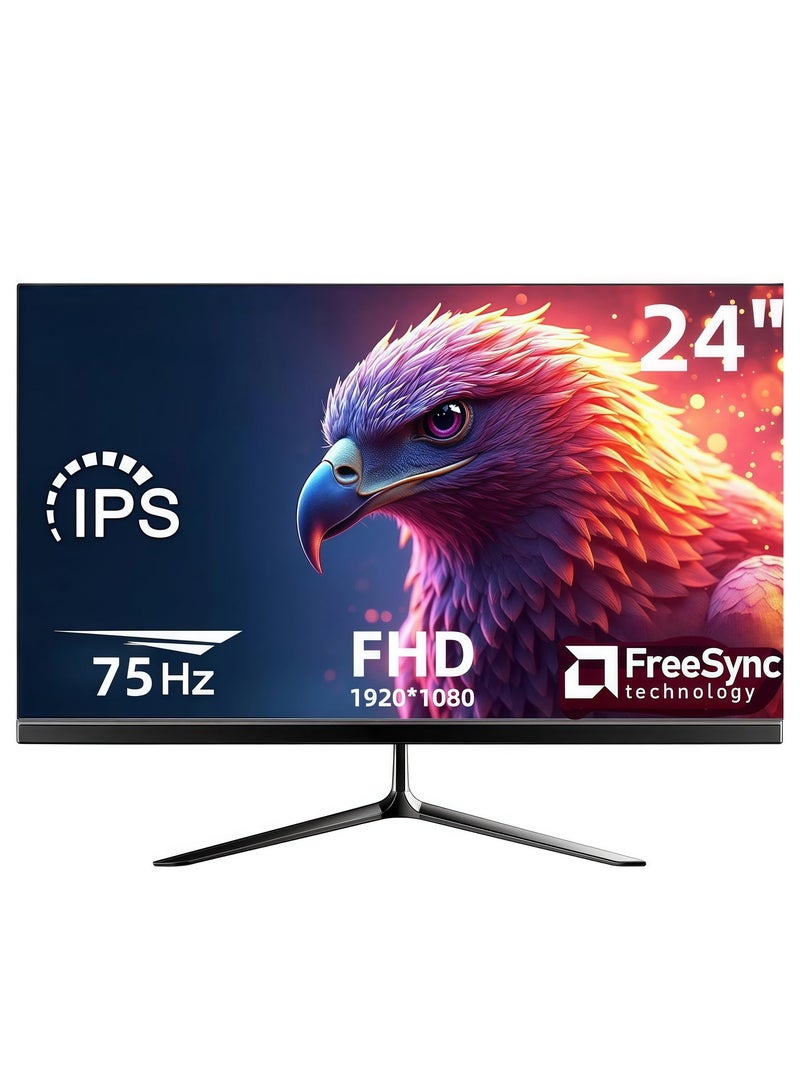 FlashHawk 23.8 inch IPS Flat Screen Monitor with Full HD (1920x1080)Display,75Hz Refresh Rate,HDMI VGA Output for Office Home Black - Image 1