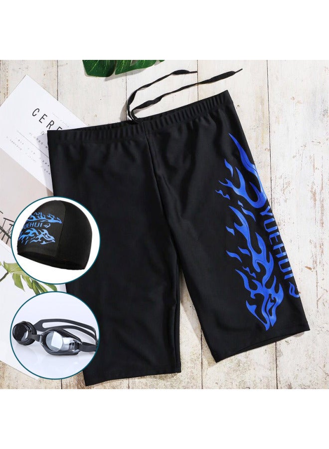 Generic Swimming Trunks Men's Adult Professional Quick-drying Swimming Trunks Fashion Boxer Loose High Elastic Swimsuit Equipment Men's Suit-Color:5002 Black + Hat + Goggles-Size:3XL (recommended 67.50 Kg-75.00 Kg - Image 1
