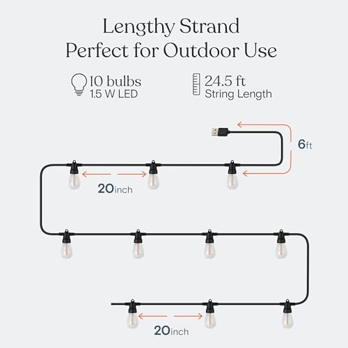 Brightech Ambience Pro USB Powered String Lights - 24 Ft Commercial Grade Waterproof String Lights, Outdoor Shatterproof Patio Lights for Camping, Christmas, Backyard, Porch - 1W LED Soft White Light - Image 3
