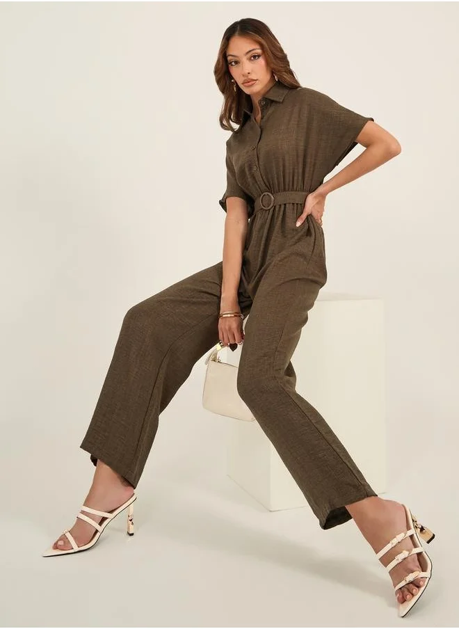 ستايلي Textured Collared Straight Leg Jumpsuit with Belt