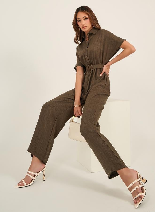 Styli Textured Collared Straight Leg Jumpsuit with Belt - Image 1