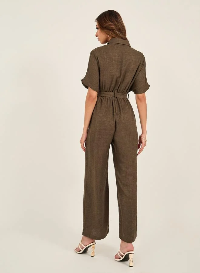 Styli Textured Collared Straight Leg Jumpsuit with Belt