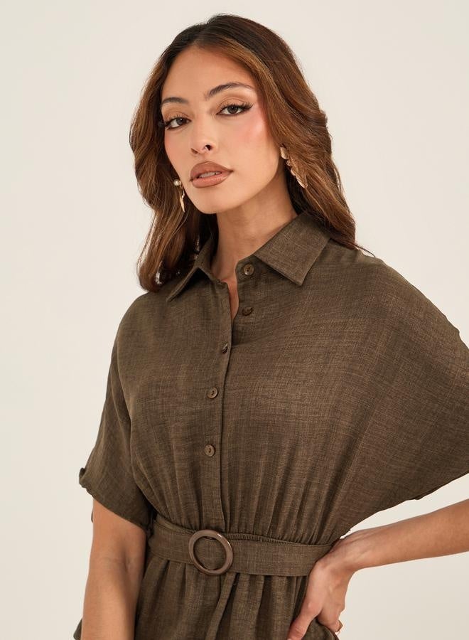 Styli Textured Collared Straight Leg Jumpsuit with Belt - Image 4