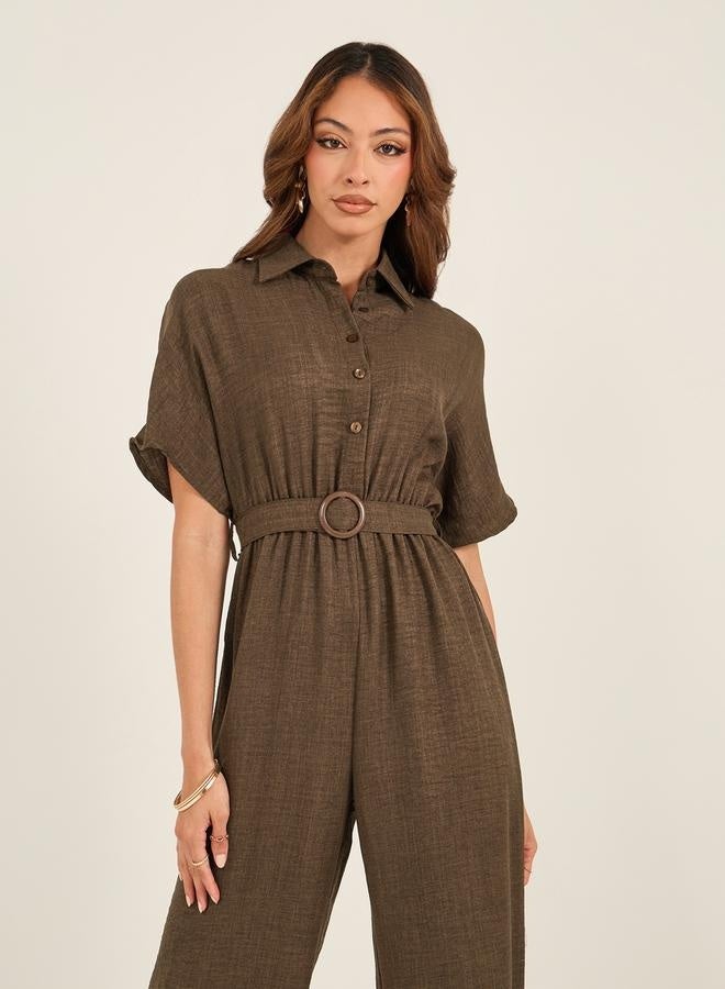 Styli Textured Collared Straight Leg Jumpsuit with Belt - Image 3