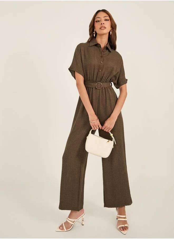 Styli Textured Collared Straight Leg Jumpsuit with Belt