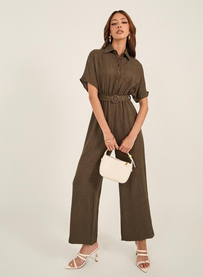 Styli Textured Collared Straight Leg Jumpsuit with Belt - Image 2