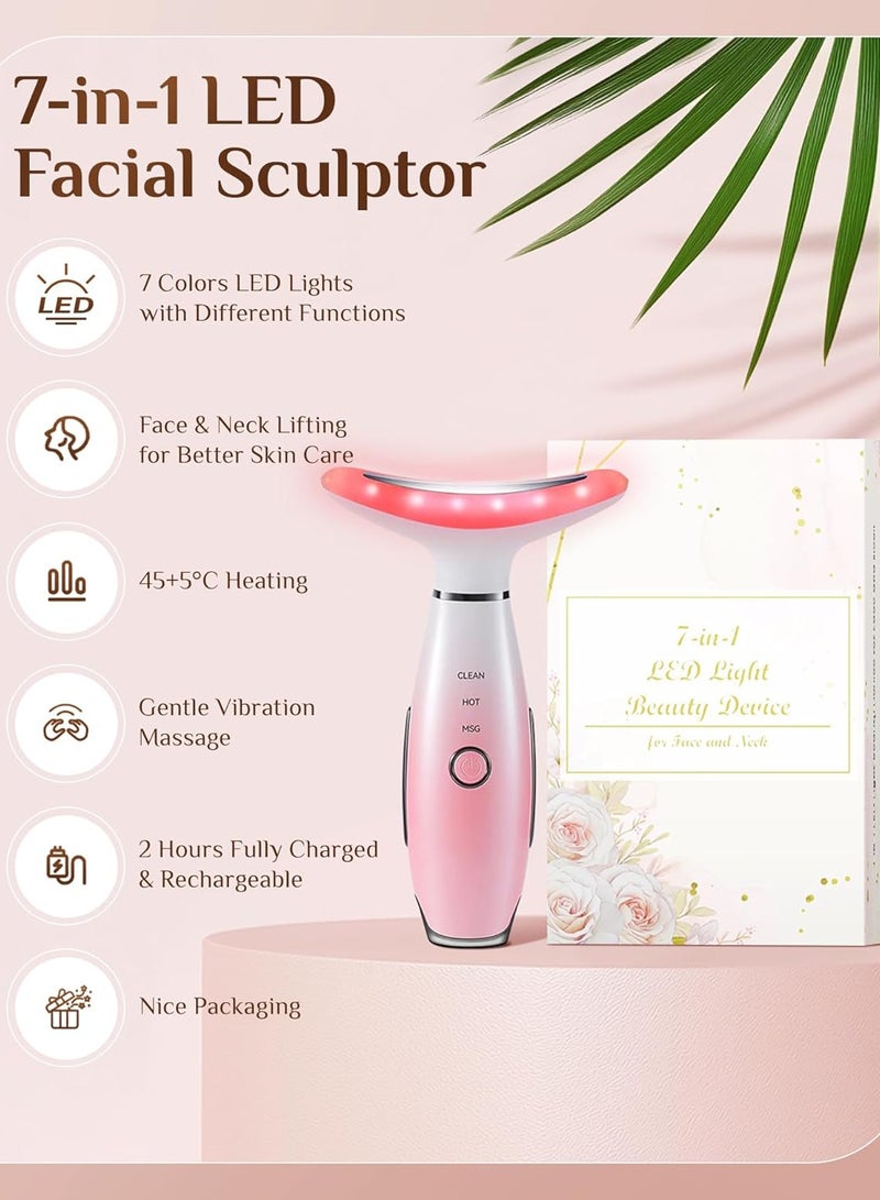 Loquat 7 Color Galvanic Machines, Red Light Therapy for Face and Neck, Face Massager Tool for Wrinkles, Double Chin, Vibrating Facial Massager with Thermals, Pink - Image 3